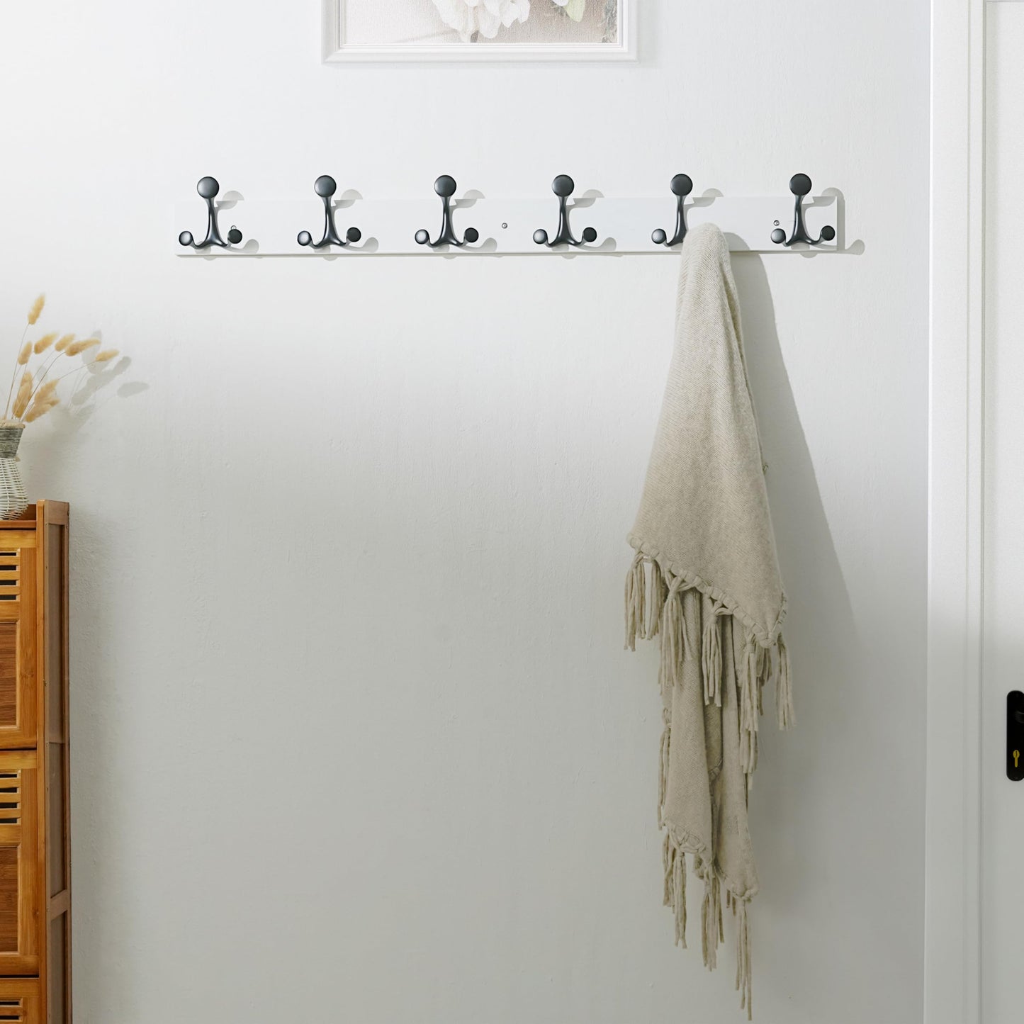 SKOLOO 99cm White Wood Coat Rack Wall Mount with 6 Triple Hooks - Ideal for Family Entrances, Classrooms, and Pet Supplies Storage