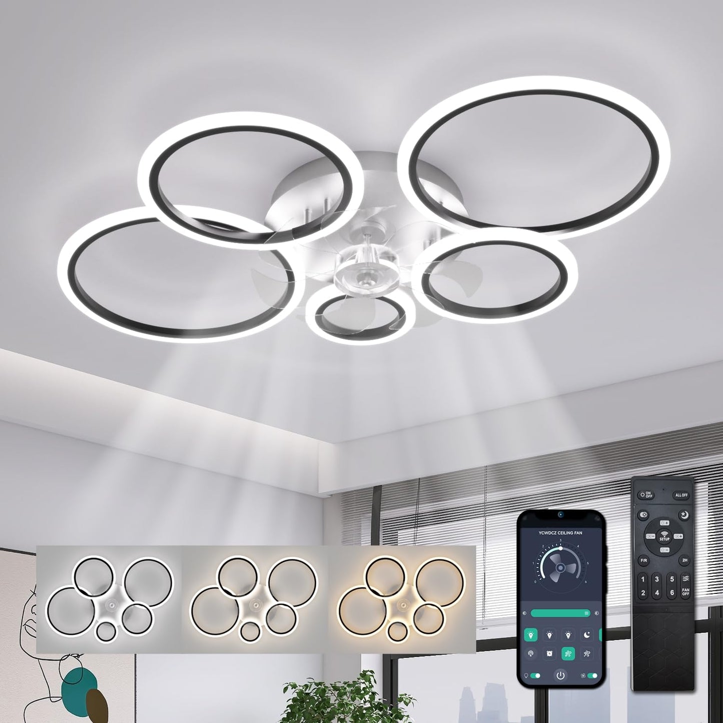 ycwdcz Black Modern Ceiling Fan Silent Circle Ceiling Fans with Lights and Remote DC Motor Reversible Summer Winter Mode for Bedroom Living Room