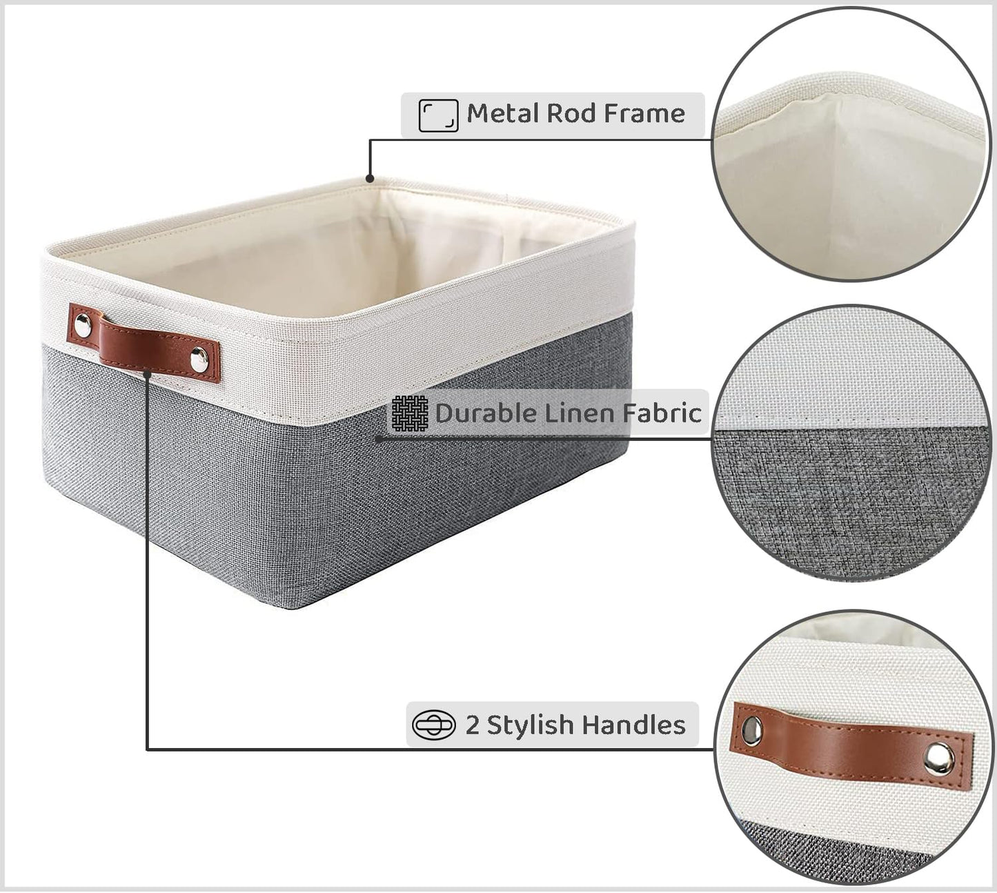 Mangata Woven Fabric Storage Boxes Set of 3, Canvas Storage Organizer for Clothes, Toys, Shelves, Cold Grey&White (Medium, 3Pack)