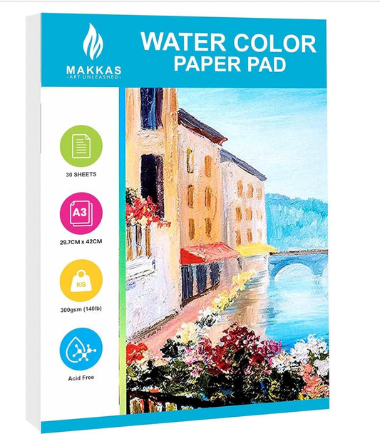 Makkas Watercolour Paper Pad A3 30 Sheets 140lb / 300gsm Cotton Blend Student Grade | Includes Pad Only | Cold Pressed & Acid Free Watercolour