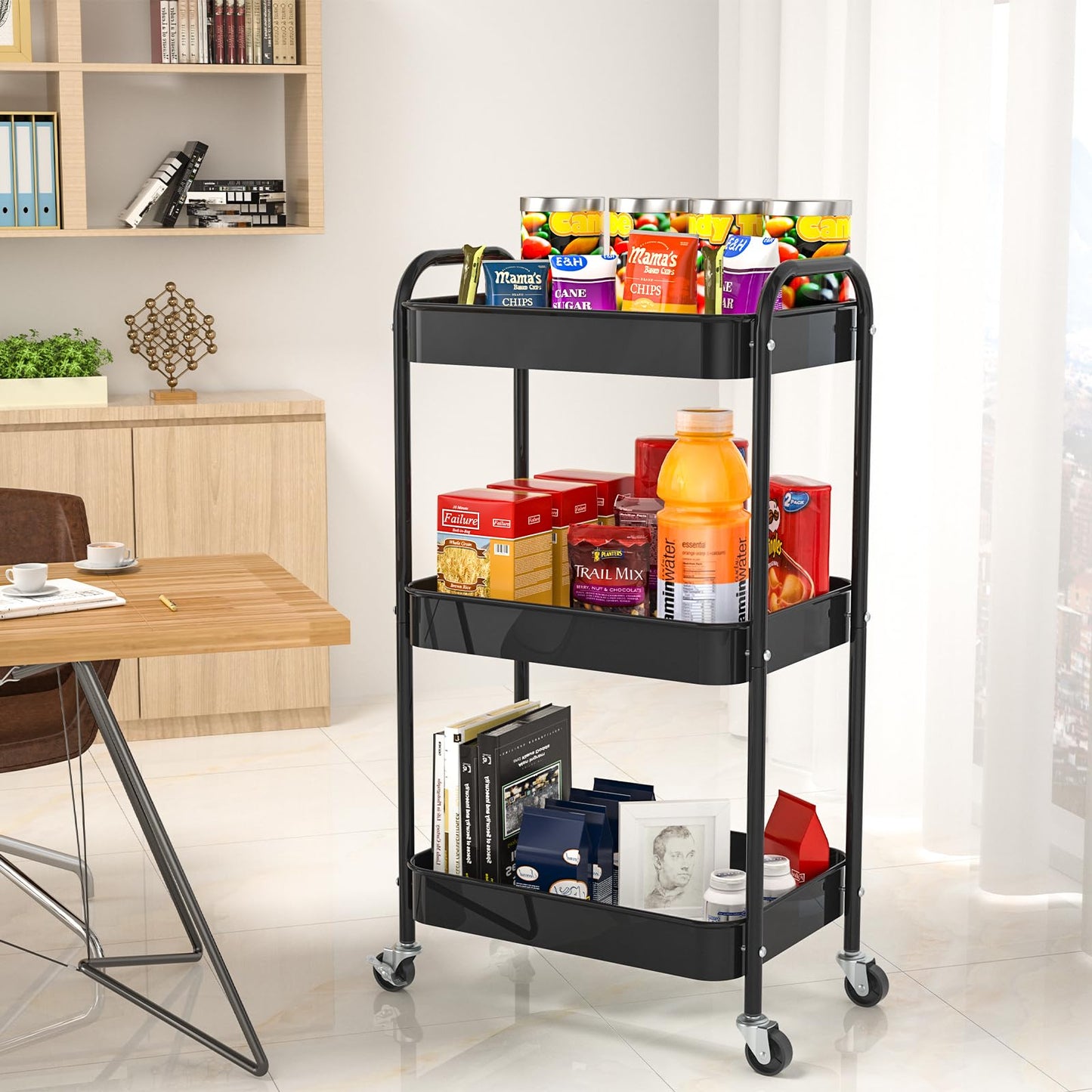 PNVXNUS 3-Tier Rolling Cart, Metal Utility Storage Carts with Wheels, Black