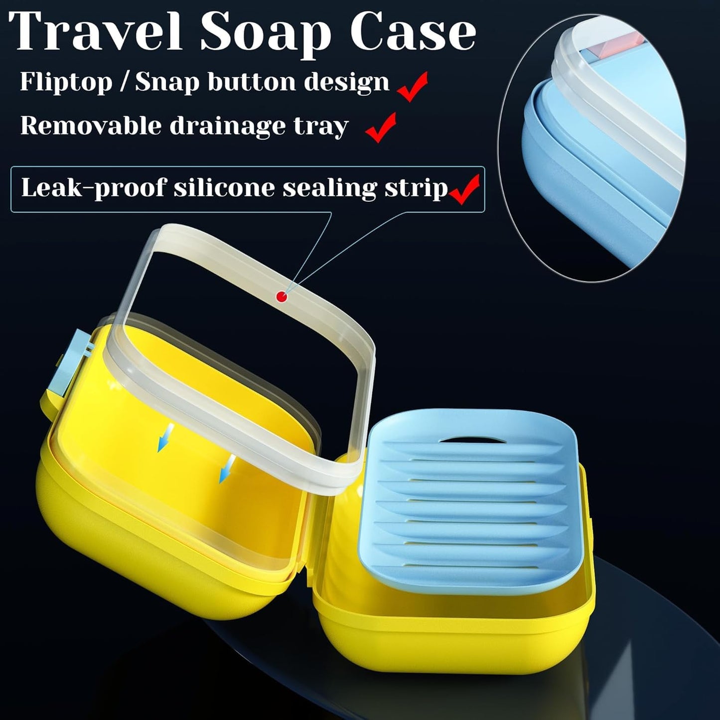 Bingobang Travel Soap Case with Soap Dish, Portable Soap Bar Holder with Lid, Leakproof Soap Storage Box with Silicone Seal & Drain Tray