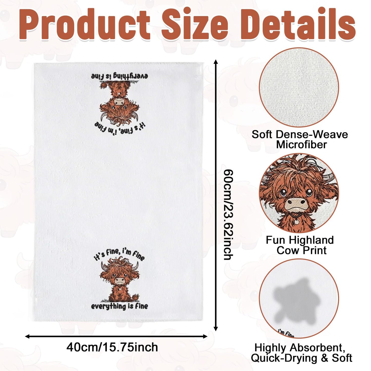 Highland Cow Towels, 2Pcs Soft Microfiber Tea Towels, Highland Cow Kitchen Accessories, Quick Dry for Everyday Cleaning, Home Decoration