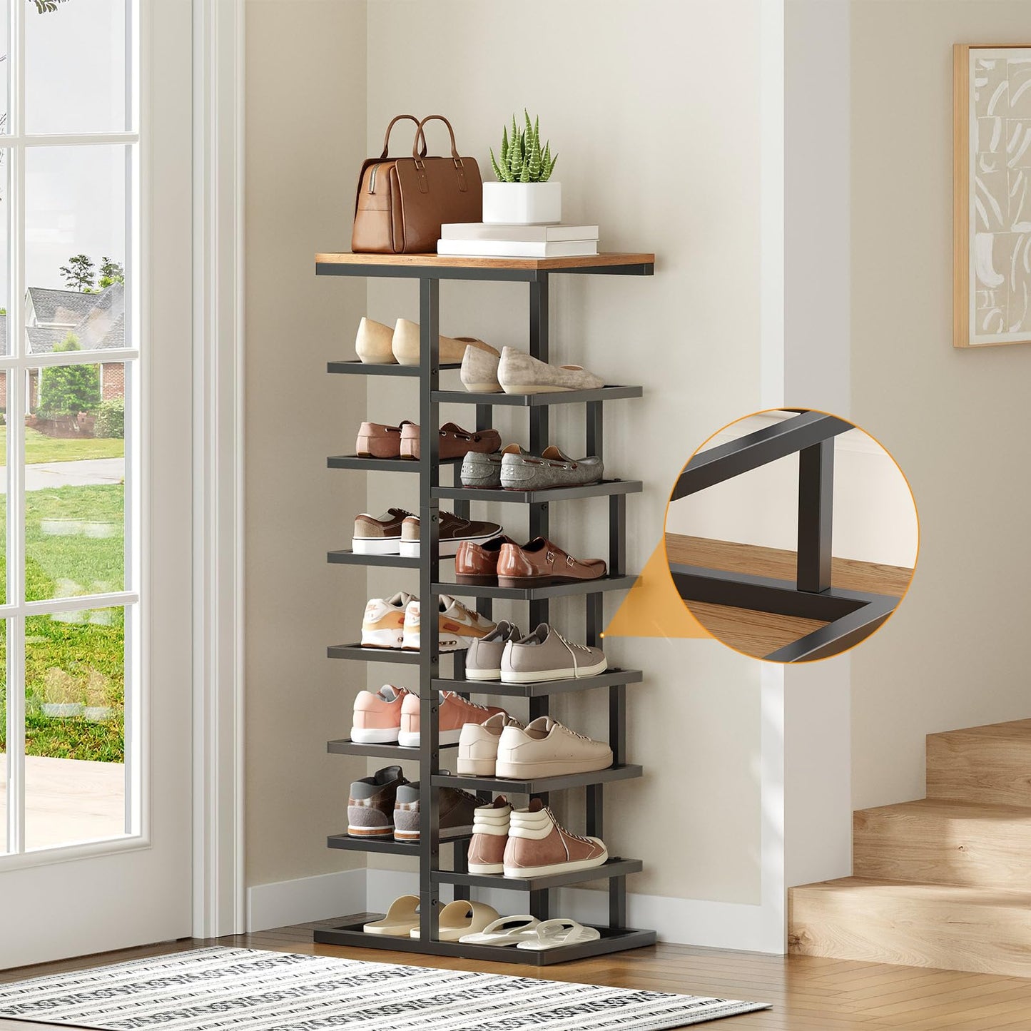 HOOBRO 8-Tier Shoe Rack, Entryway Shoe Organiser, Tall Shoe Storage with Metal Frame, Space-Saving Shoe Stand for Hallway, Bedroom, Living Room