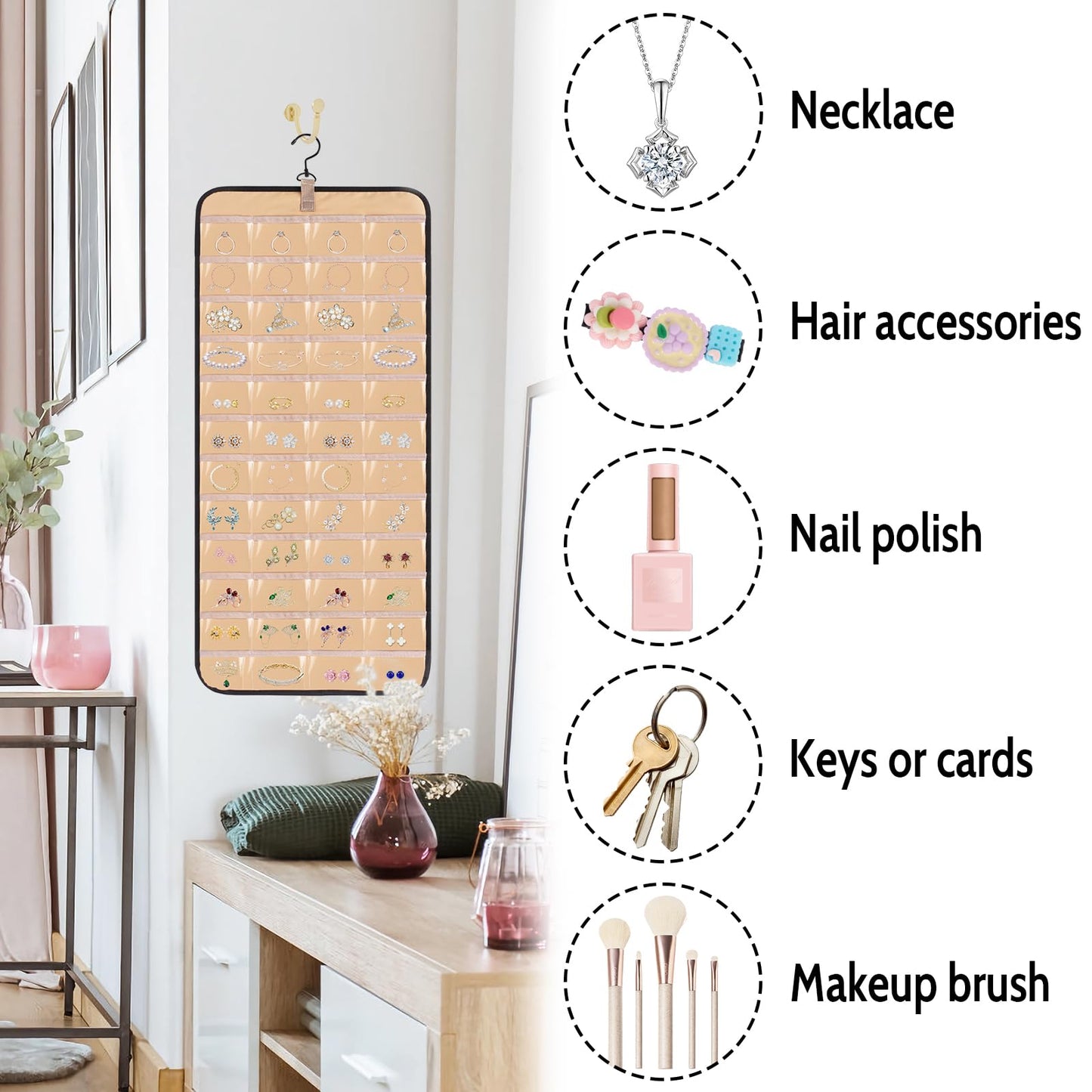 Minicoco 1Pcs Dual-sided Jewelry Organizer Hanging with Metal Hooks,Hanging Jewelry Organizer 48 Pockets and 3 Wave-Shaped Hooks,Jewelry Roll for