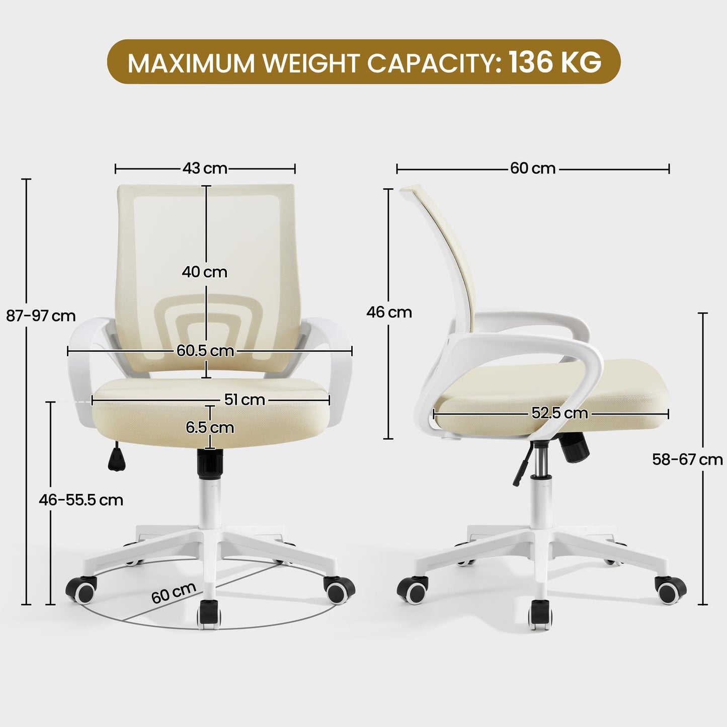 Yaheetech Ergonomic Chair Mesh Swivel Lumbar Support Adjustable Desk Beige