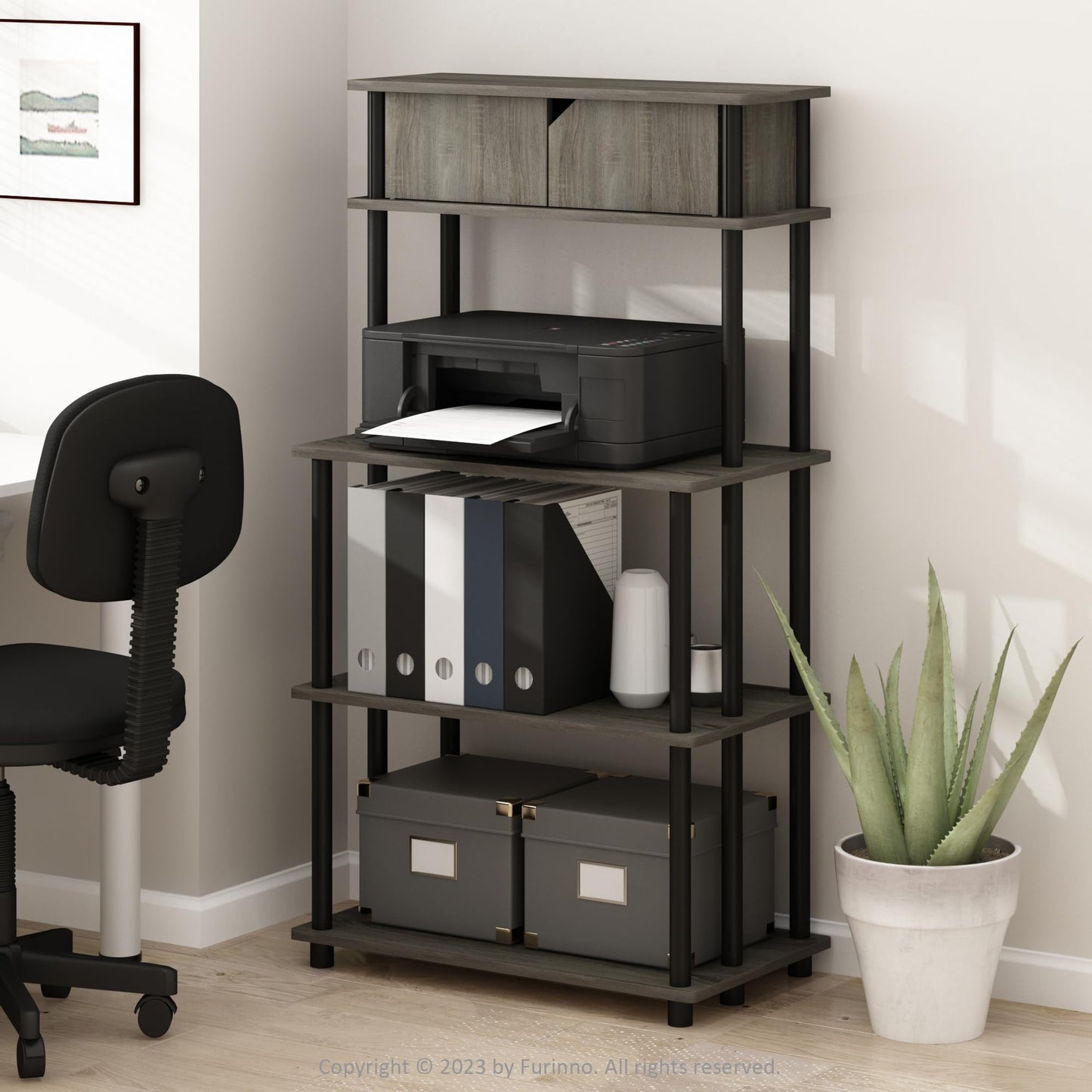 Furinno TURN-N-TUBE Printer Stand with Storage, 5-Tier Large Printer Stand, Standing Printer Table with Top Cabinet, for CPU, Office Supplies