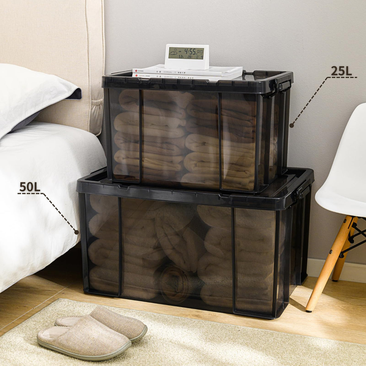 Cetomo 50L*3 Heavy-Duty Storage Boxes, Plastic Stackable Storage Box with Lids, Storage Bins with Reinforced Corners, Vertical Sides and Clip Closure
