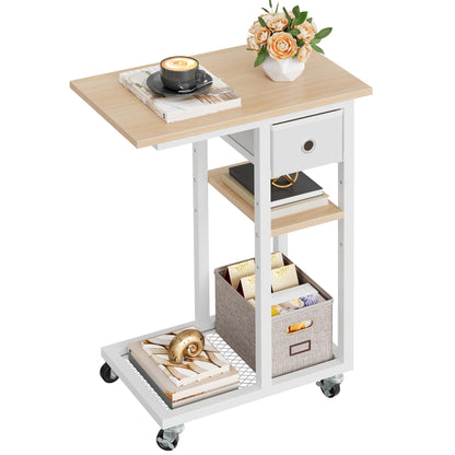 YITAHOME Bedside Table, C-Shaped Side Table with Fabric Drawer and Wheels