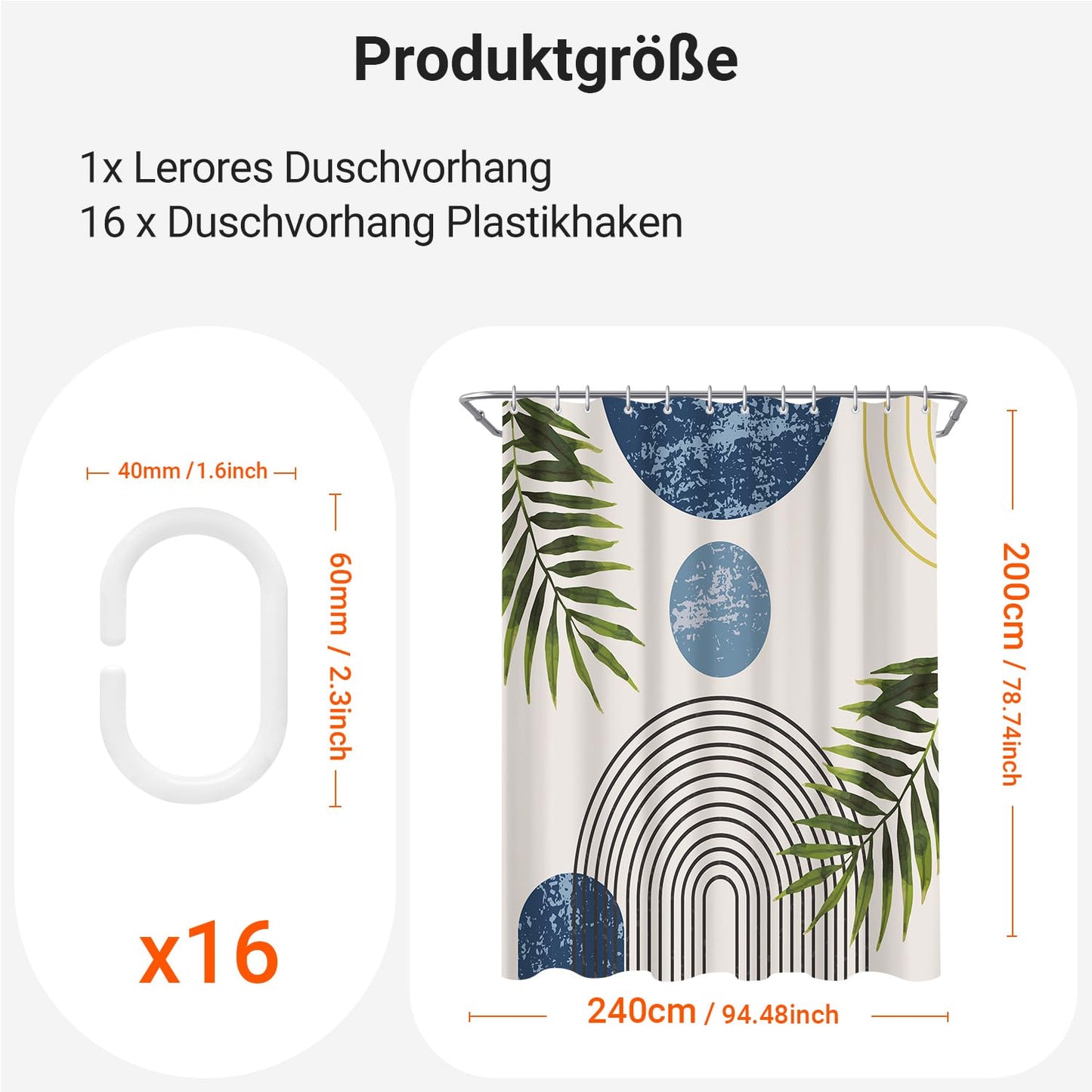 Lerores Shower Curtain, 240 x 200 cm, Blue Leaves Line, Weighted Hem, Anti-Mould Textile, Water-Repellent