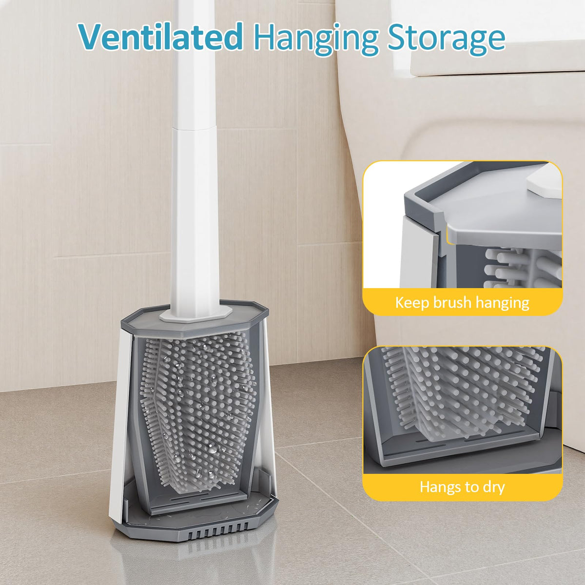 Euqvunn Silicone Toilet Brush & Holders, Toilet Cleaner Brush Set Wall Mounted, Deep Cleaner Loo Brush with Dual-sided Head and Long Plastic Handle