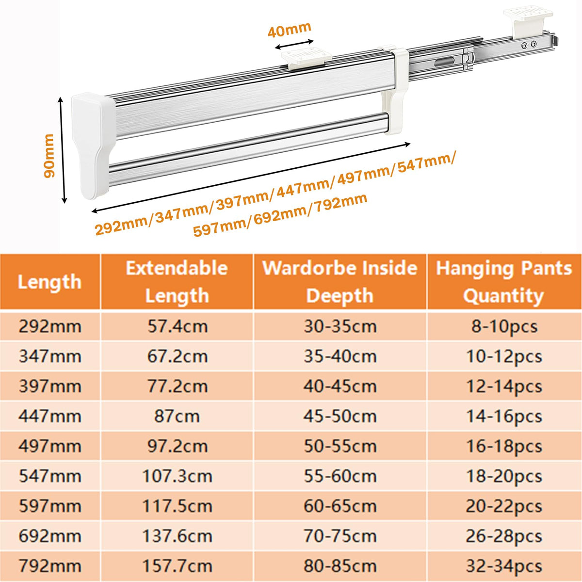 MAFAGE Pull Out Clothes Rail, Adjustable Wardrobe Rail Hanger Rack 397mm
