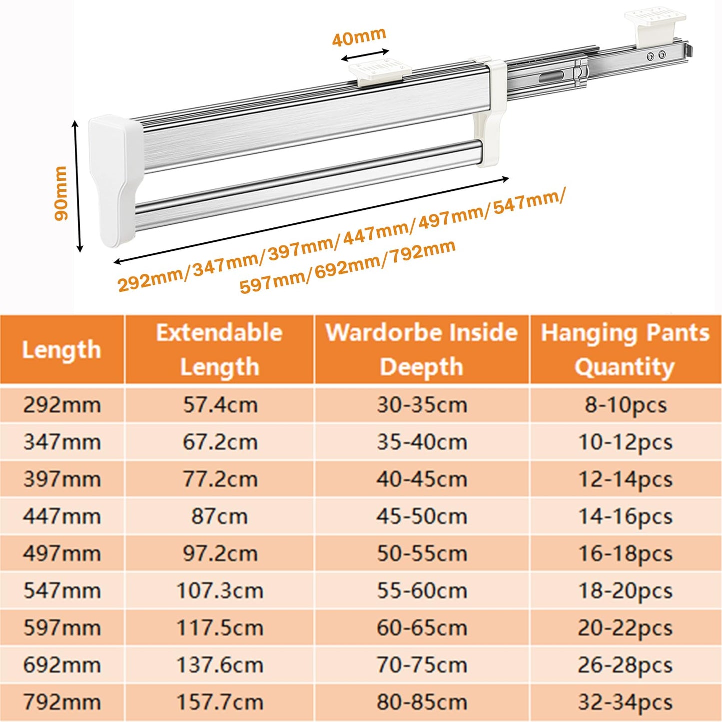 MAFAGE Pull Out Clothes Rail, Adjustable Wardrobe Rail Hanger Rack 497mm