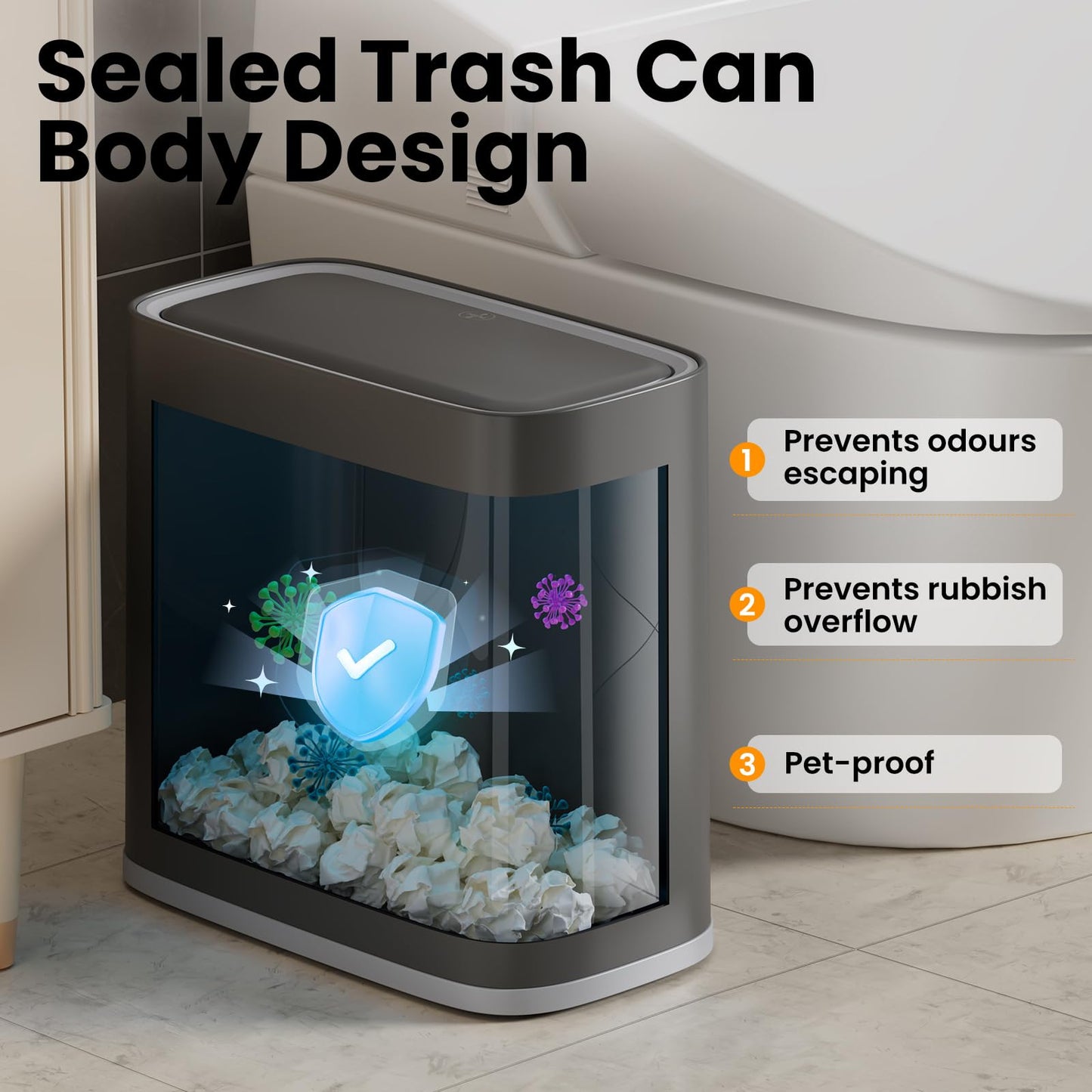 TODAYGO 8L Air-Press Trash Can with Wheels, Slim Narrow Bathroom & Toilet Side Bin with One-Touch Lid, Pet-Resistant Odor-Proof, for Small Space