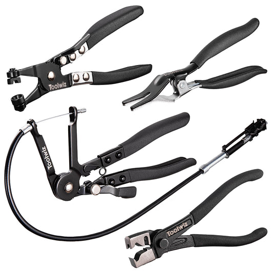 Toolwiz 4 Pcs Hose Clamp Pliers, Hose Clip Pliers Includes 27" Long Reach Wire Spring, Flat Band, Remover, and Clic-R Type Clamp Tool