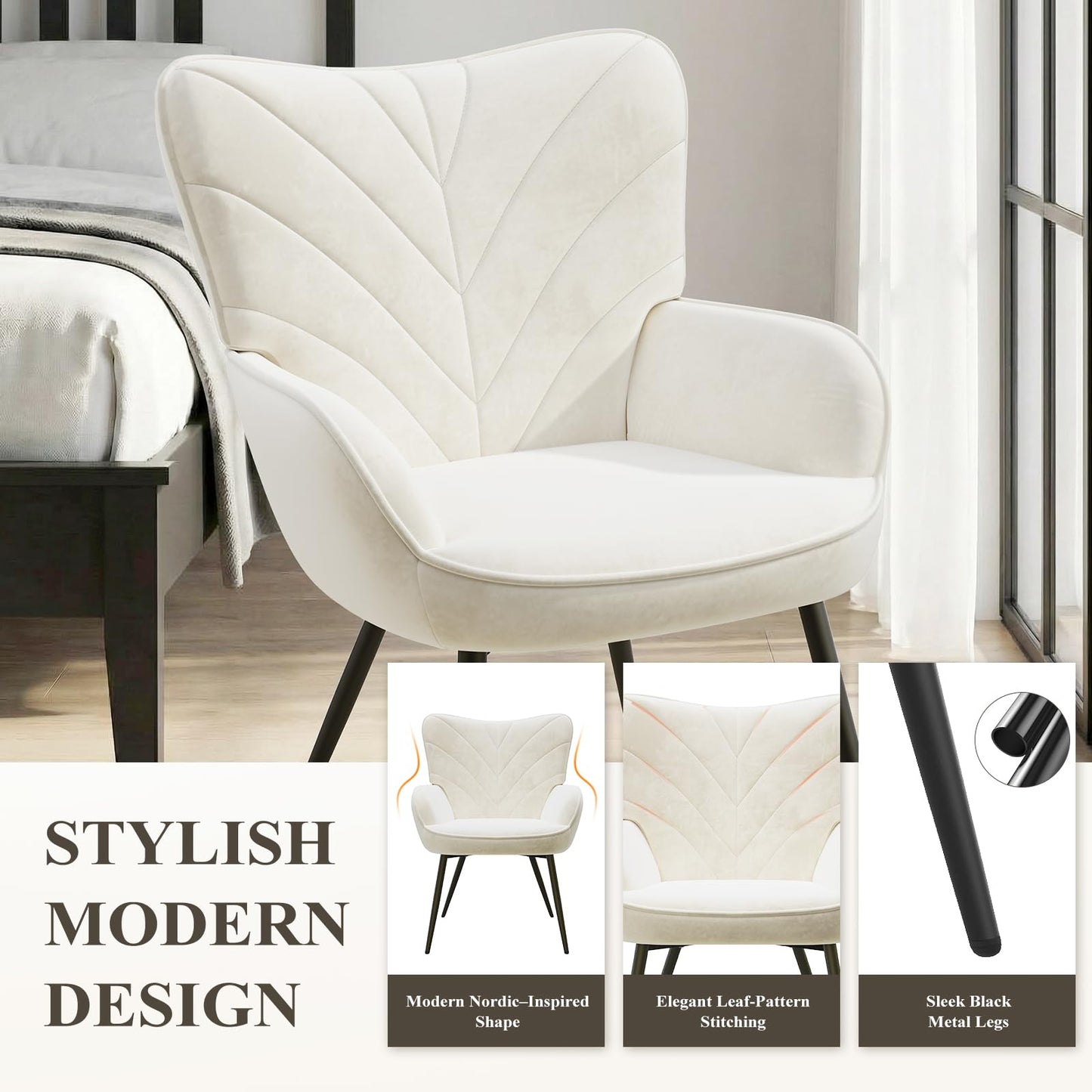 COLAMY Velvet Accent Chair with Black Metal Legs, Modern Armchair with Ergonomic Backrest