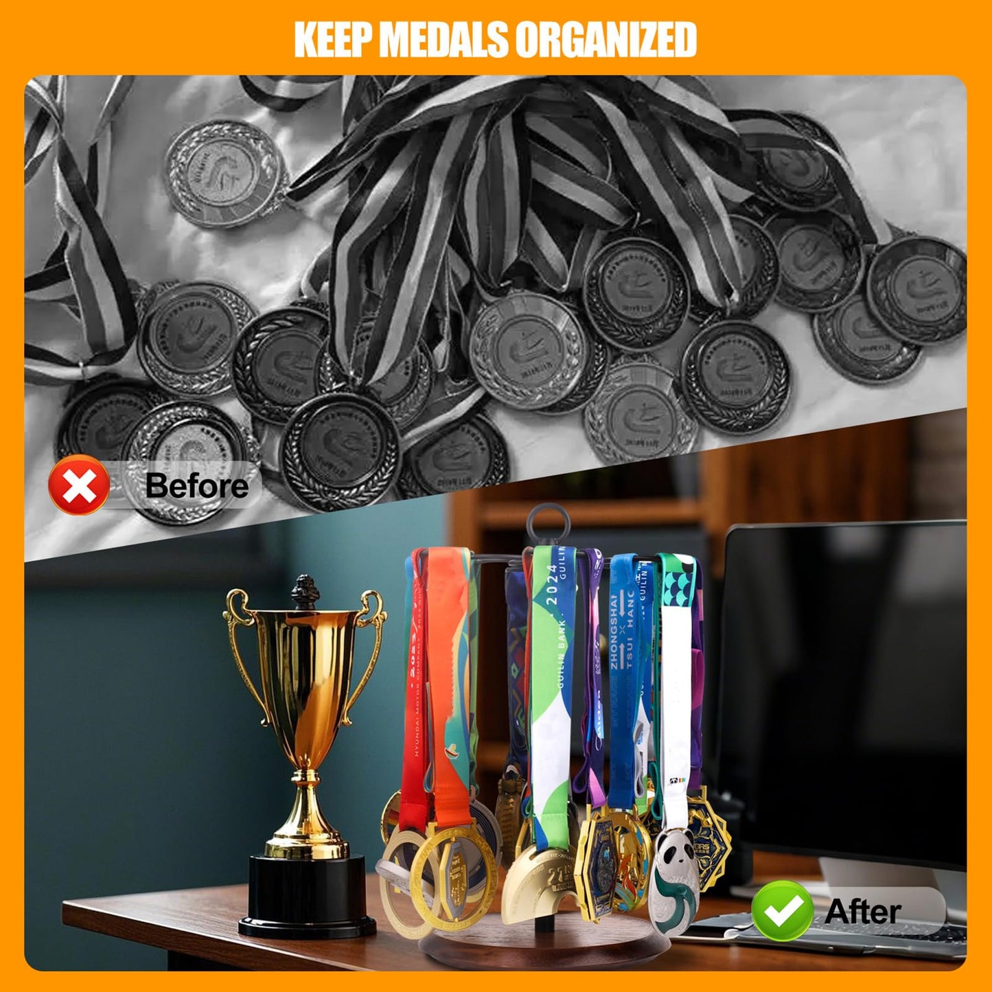 Enjoyard 360° Rotating Medal Holder for 30+ Medals Medals Stand for Football Running Swimming Choice for Honor