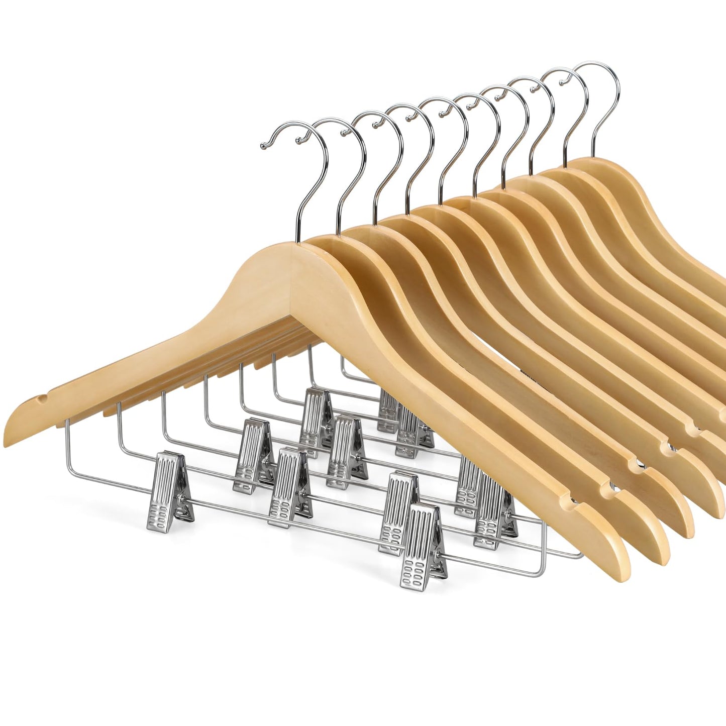 TOPIA HANGER Wooden Hangers with Adjustable Metal Clips and 360° Swivel Hook, Premium Wood Clothes Hangers 10 Pack for Suit, Pant, Skirt, Jeans, Coat