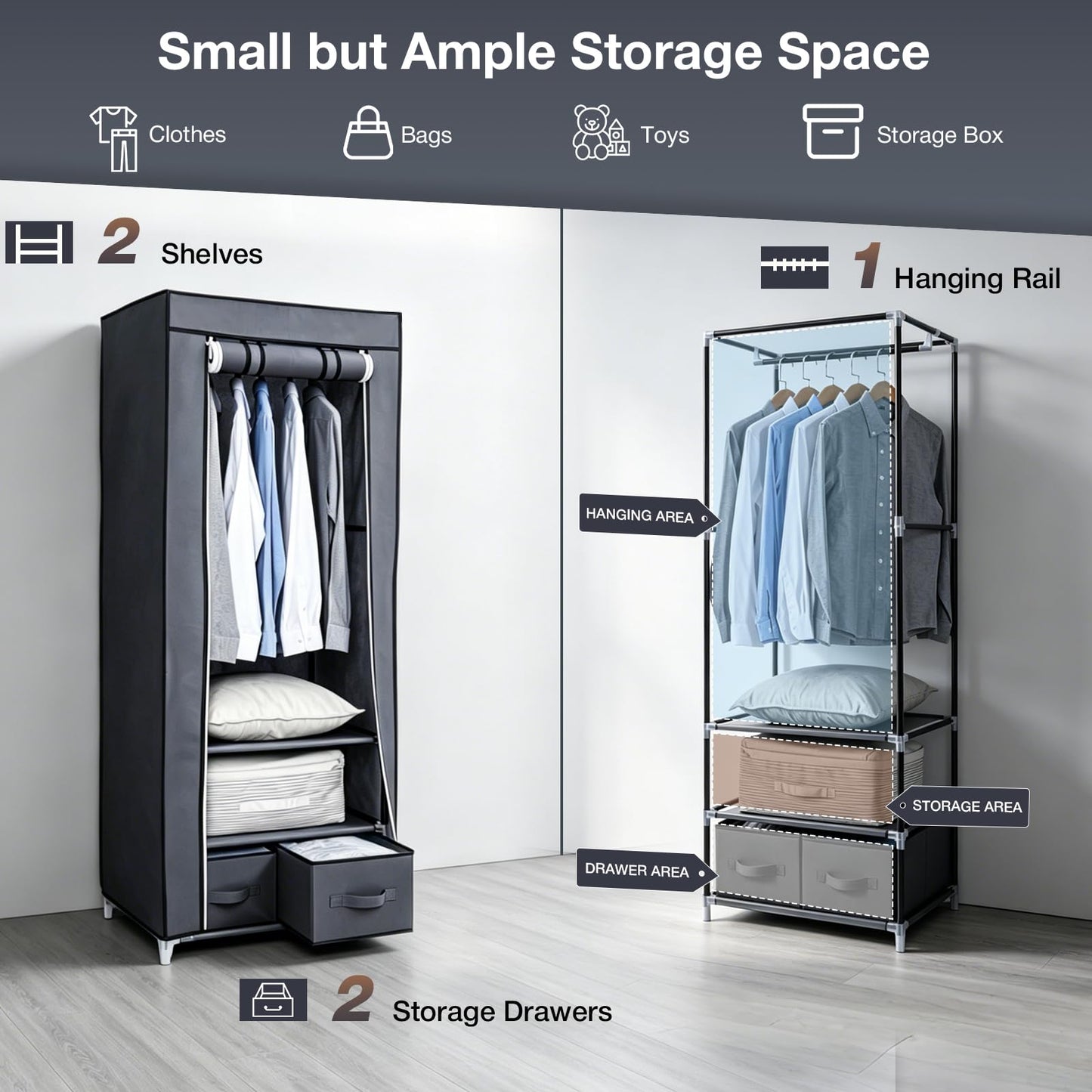 Single Canvas Wardrobe with 2 Drawers and Hanging Rail 160 x 59 x 43CM