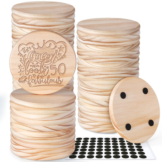 48 Pieces Unfinished Wood Coasters-Solid Wood Panel, GOH DODD 4 Inch Wooden Blanks with Foot Pads for Crafts Laser Engraving Wood Burning Staining