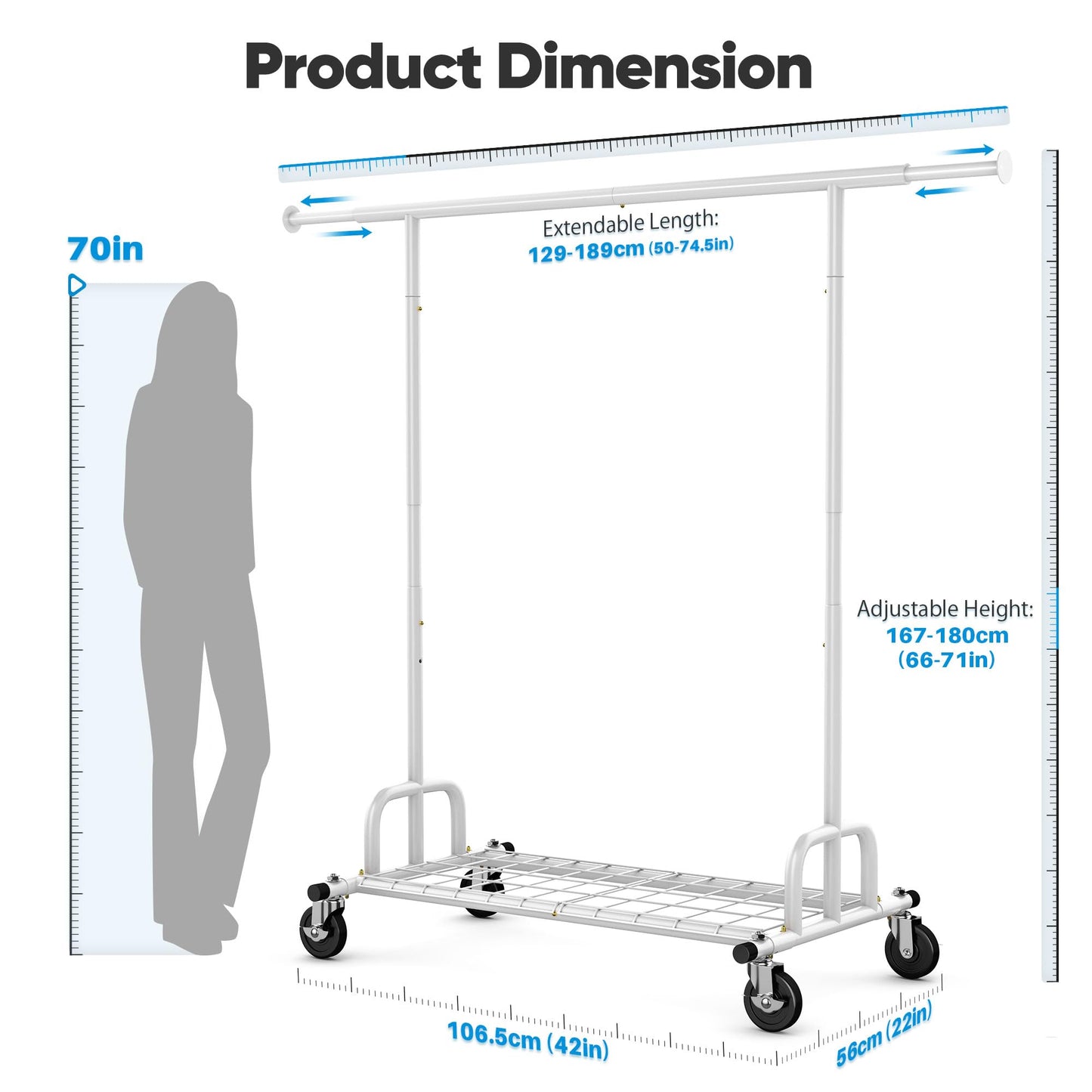 HOKEEPER Heavy Duty Clothes Rail 238kg (525lbs) Capacity, Extendable Hanging Rack with Lockable Wheels & Shelves, Space Saving for Bedroom, Apartment