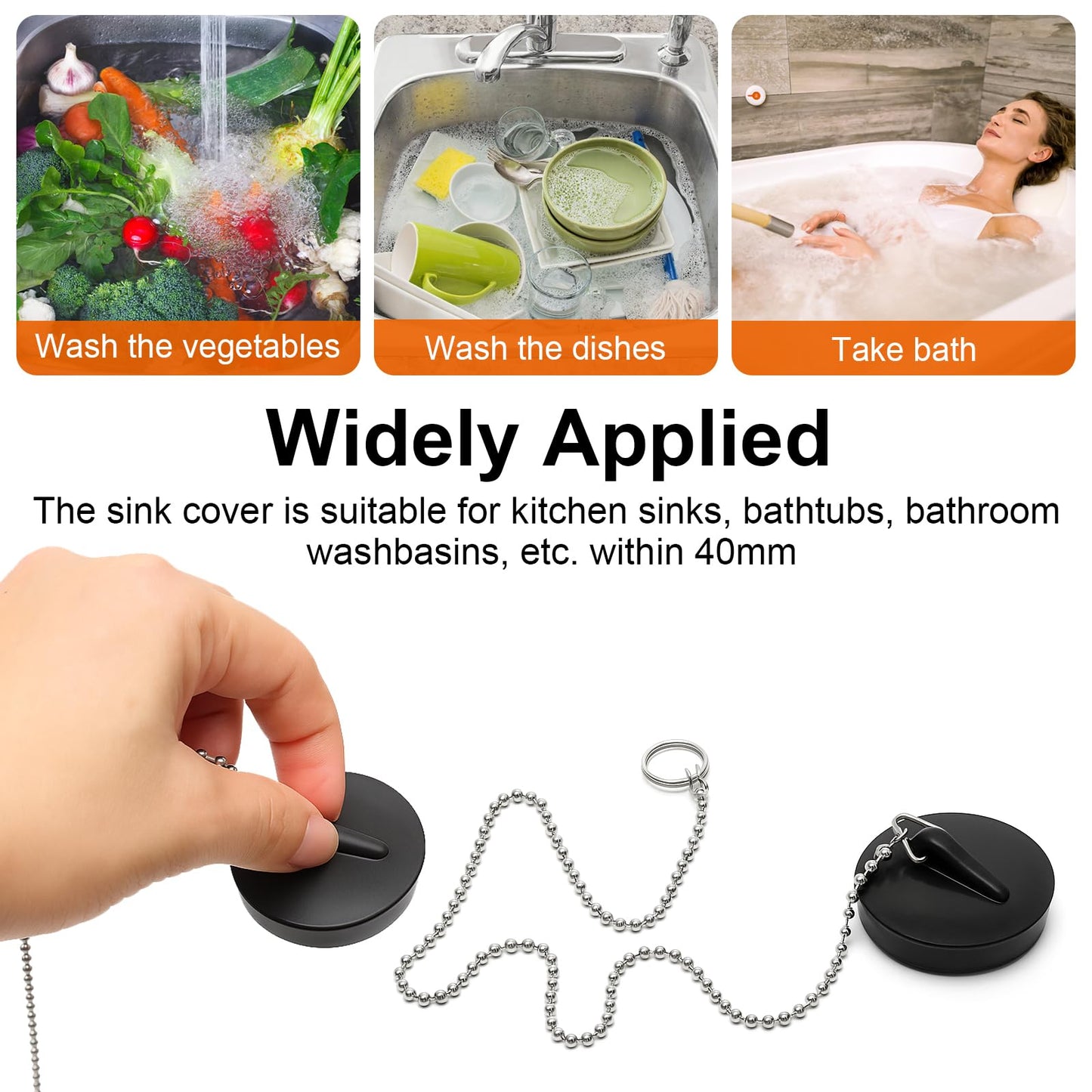 4 Pcs Universal Bath Plug, Kitchen Sink Plug with Stainless Steel Chain, Universal Bath Plug with Stainless Steel Chain and S-Shaped Hook,Drain
