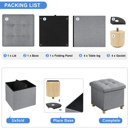 BRIAN & DANY Folding Ottoman Storage Box with Wood Legs, Linen Foot Stool, Footstool with Storage, Highly Elastic Sponge Filling, Gray, 38 x 38 x 38
