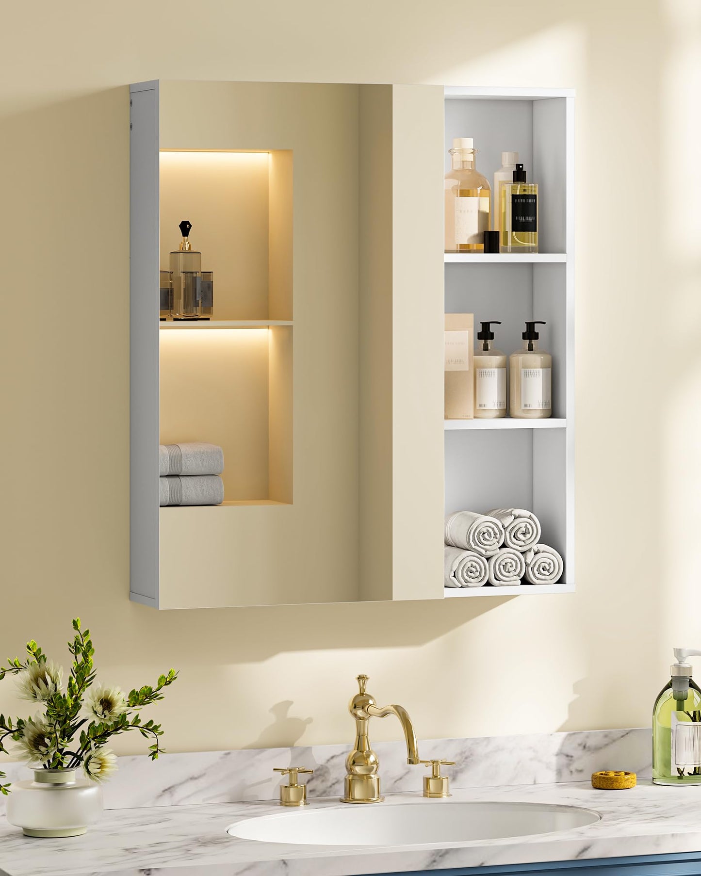 CHOEZON Mirror Cabinet, Wall-Mounted Medicine Cabinet with Mirror, Storage Cabinet with Open Storage Compartments