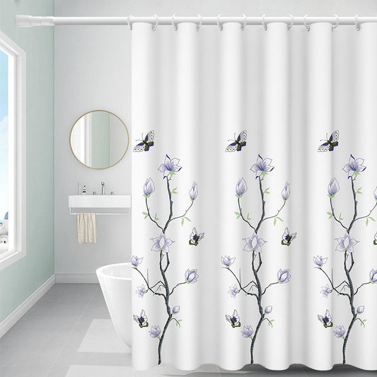 FSZhenZuan Shower Curtain 180 x 200 cm Drop Water Repellent Anti Mould Wet Room Shower Curtain with Hooks Washable Polyester Fabric Flowers Butterfly