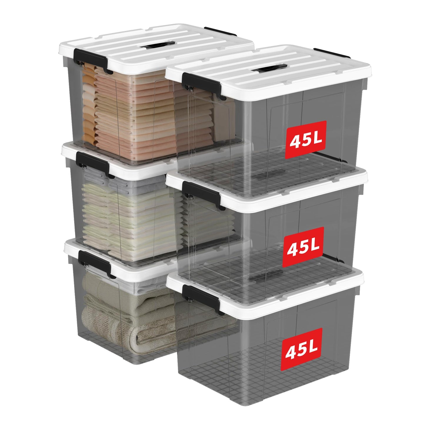 Cetomo 45L*6 Storage Boxes, Carry Plastic Storage Box with Lids, Organizing Container with Handle and Secure Latching Buckles, Stackable, Nestable