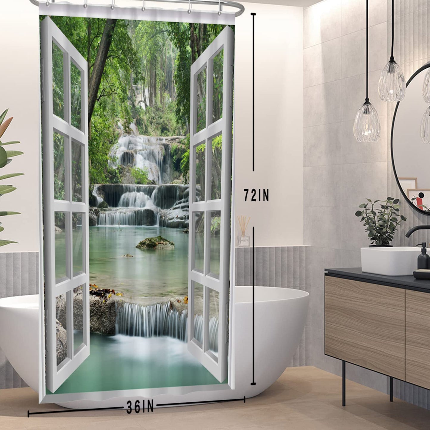 SDOTPMT 90x180cm Window View Shower Curtain Spring Waterfall Trees Natural Scenery Wilderness Landscape Bath Curtain White Window Picture Modern Art