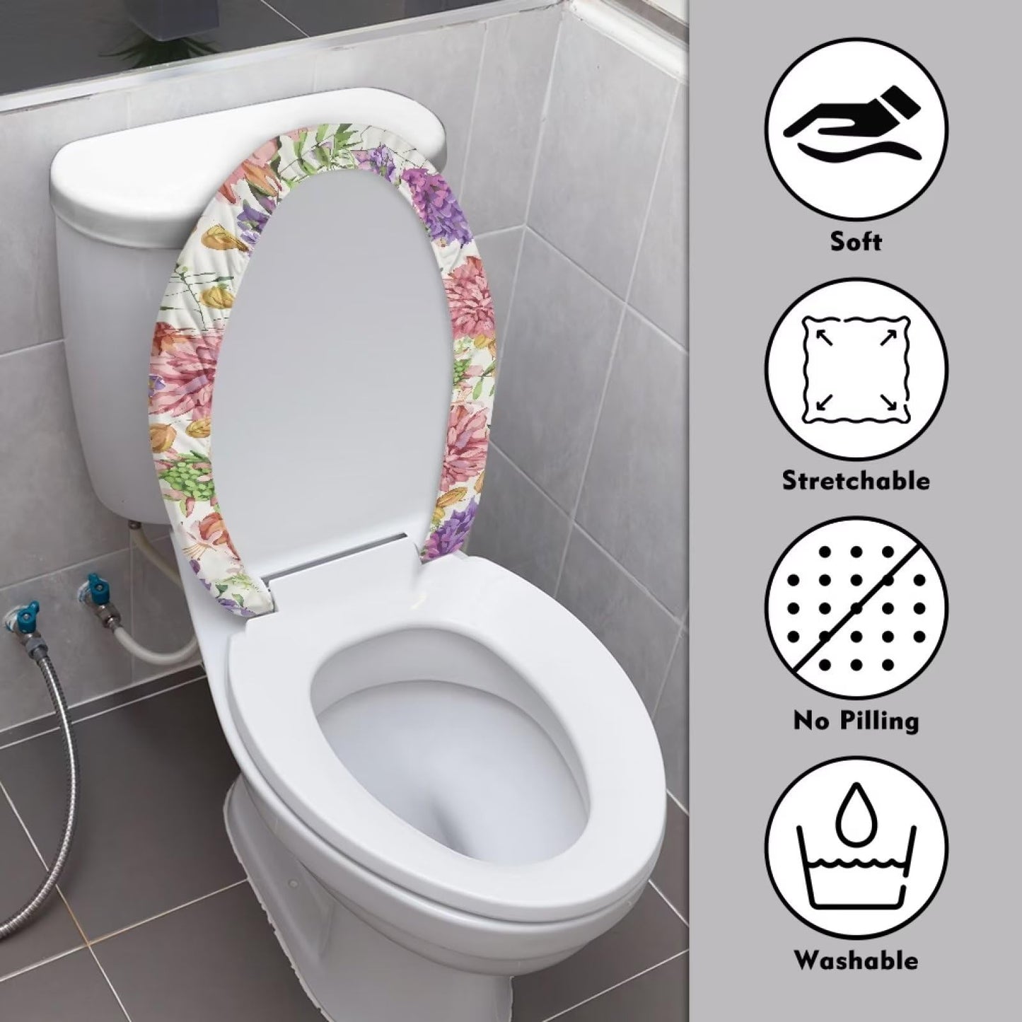 COEQINE Hummingbird Floral Toilet Lid Cover Set Oval Pink Boho Flower Toilet Seat Lid Cover Oval Elongated Bathroom Non Slip With Elastic Edge