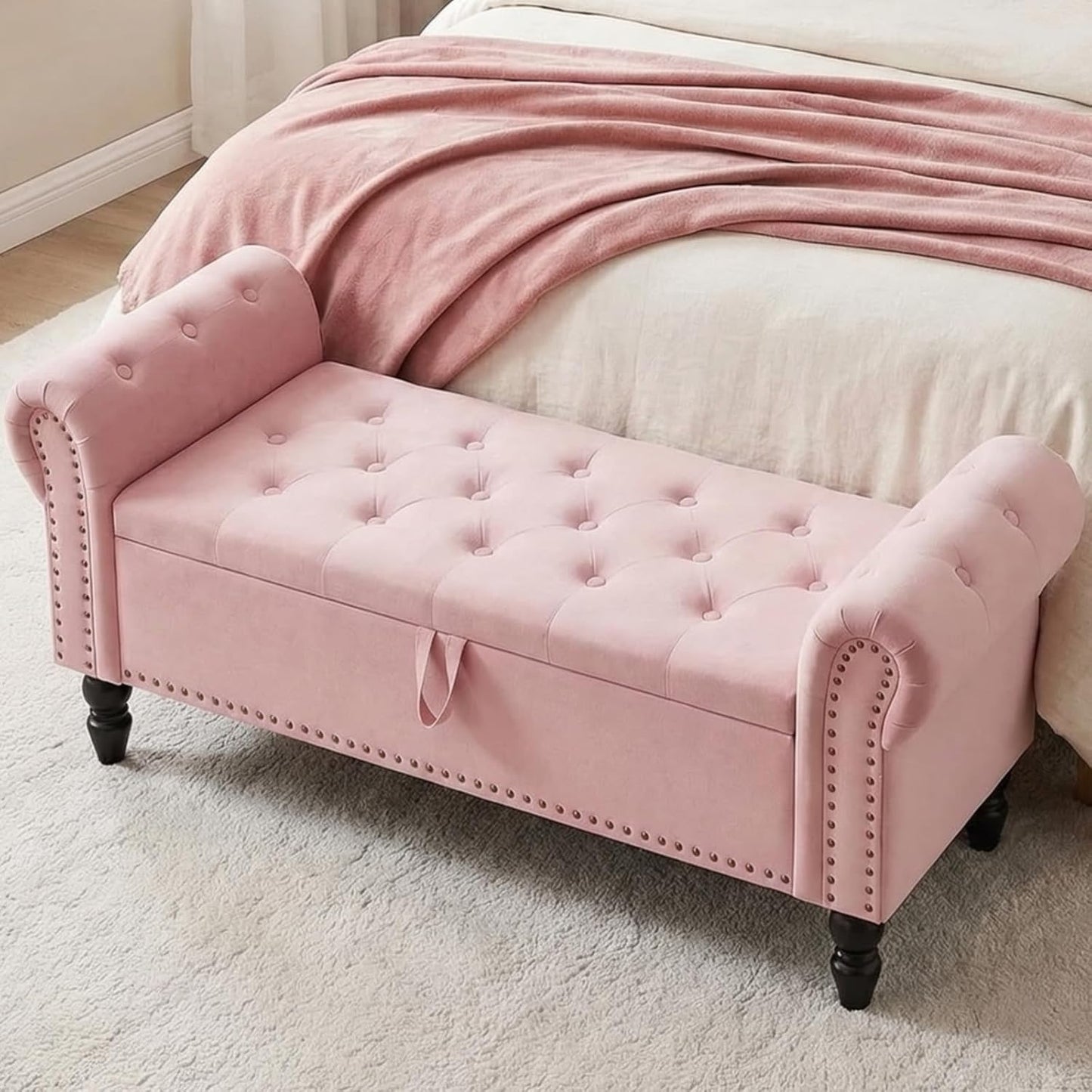 Clevich 133cm Velvet Storage Ottoman Bench, 168KG Load Capacity, Pink