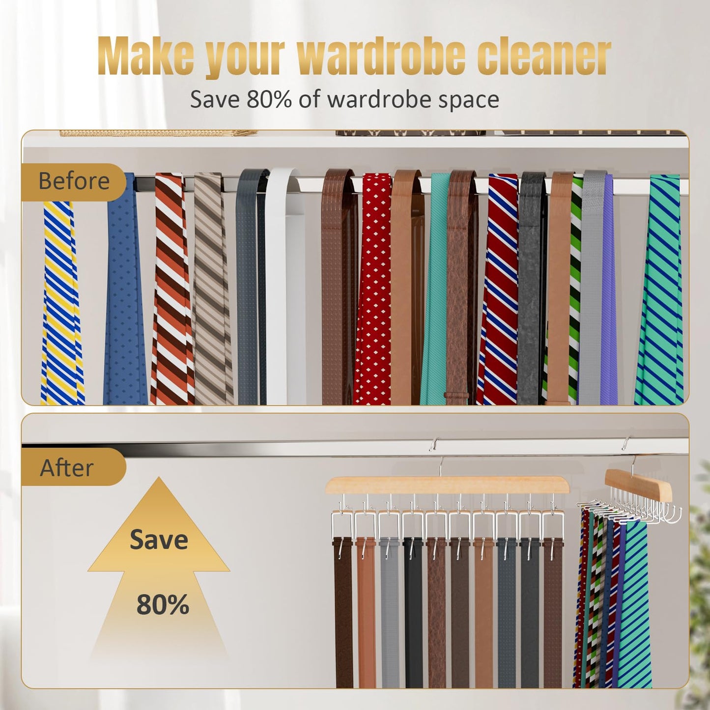 Tie Rack & Belt Hanger 2 in 1 Tie Hanger Space Saving 20 Hooks Hangers for Closet Max 30 Belts with 30 Ties Capacity