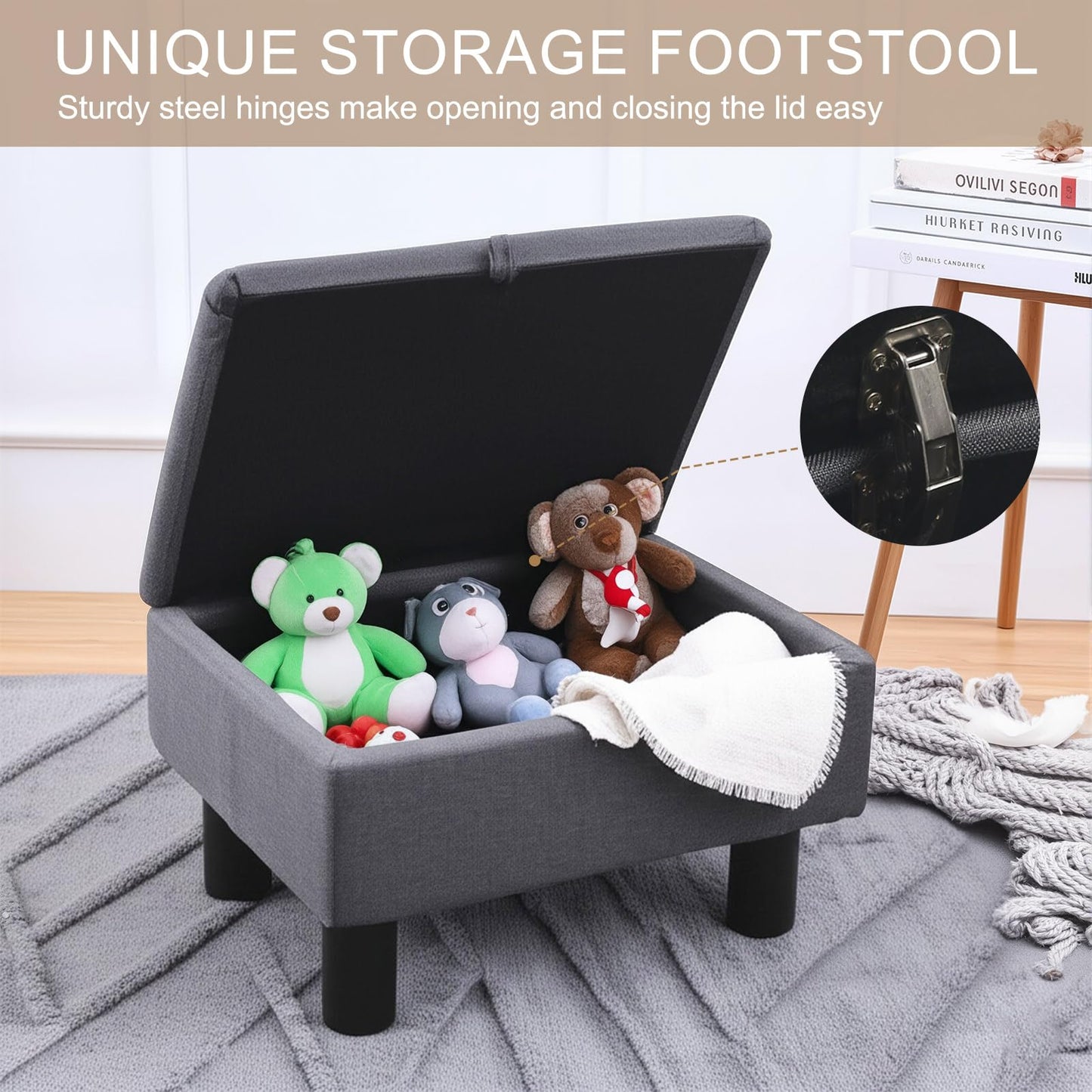Gemsaya Linen Fabric Footstool with Storage, Storage Ottoman with Flip Top, 40x30x24cm Rectangular Upholstered Bench Pouffe Footstool for Living Room
