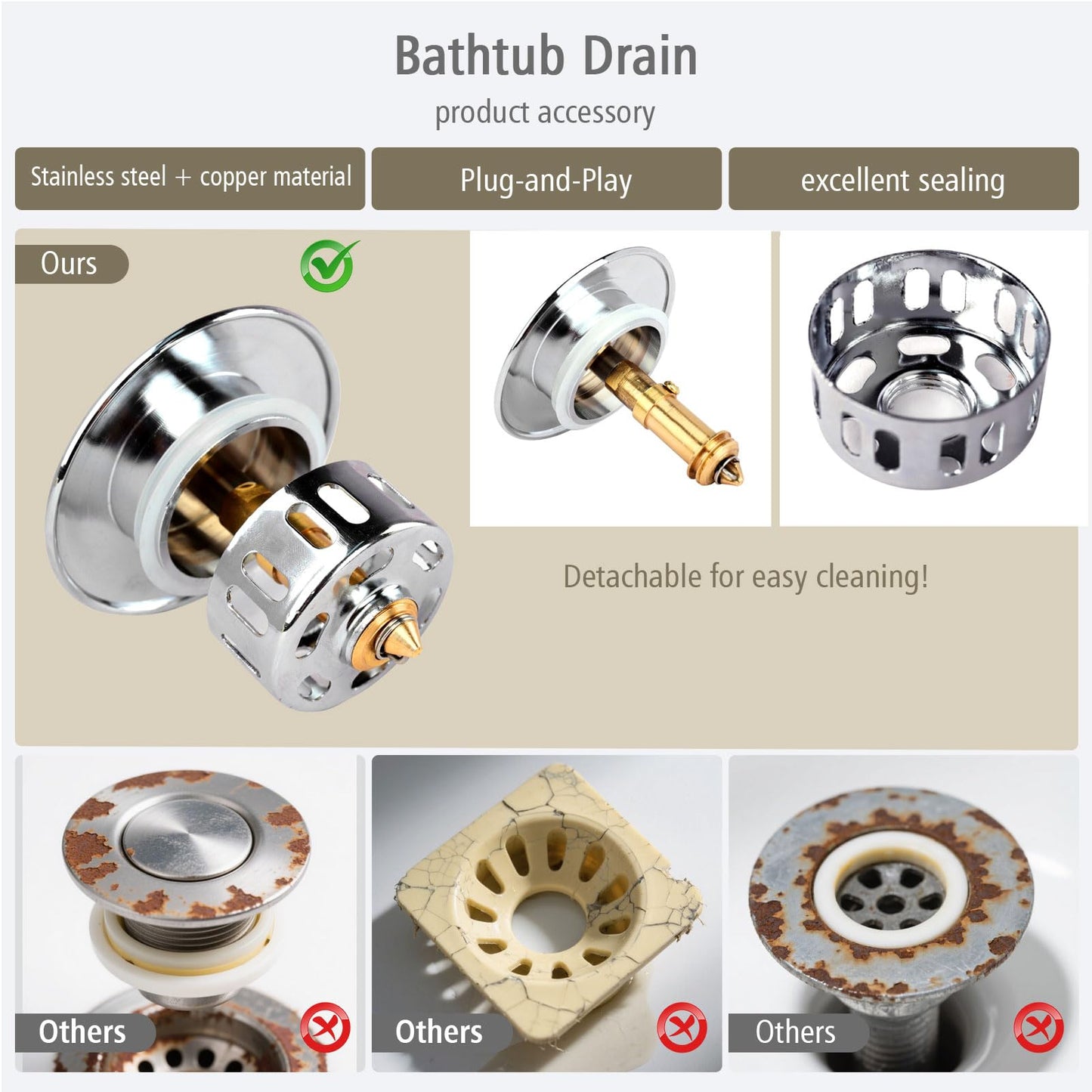 Universal Bathtub Stopper and Tub Drain Hair Catcher, Pop-Up Plug, Chrome Zinc Alloy Anti-Clogging Bathroom Kitchen Sink Drain Stopper with Silicone