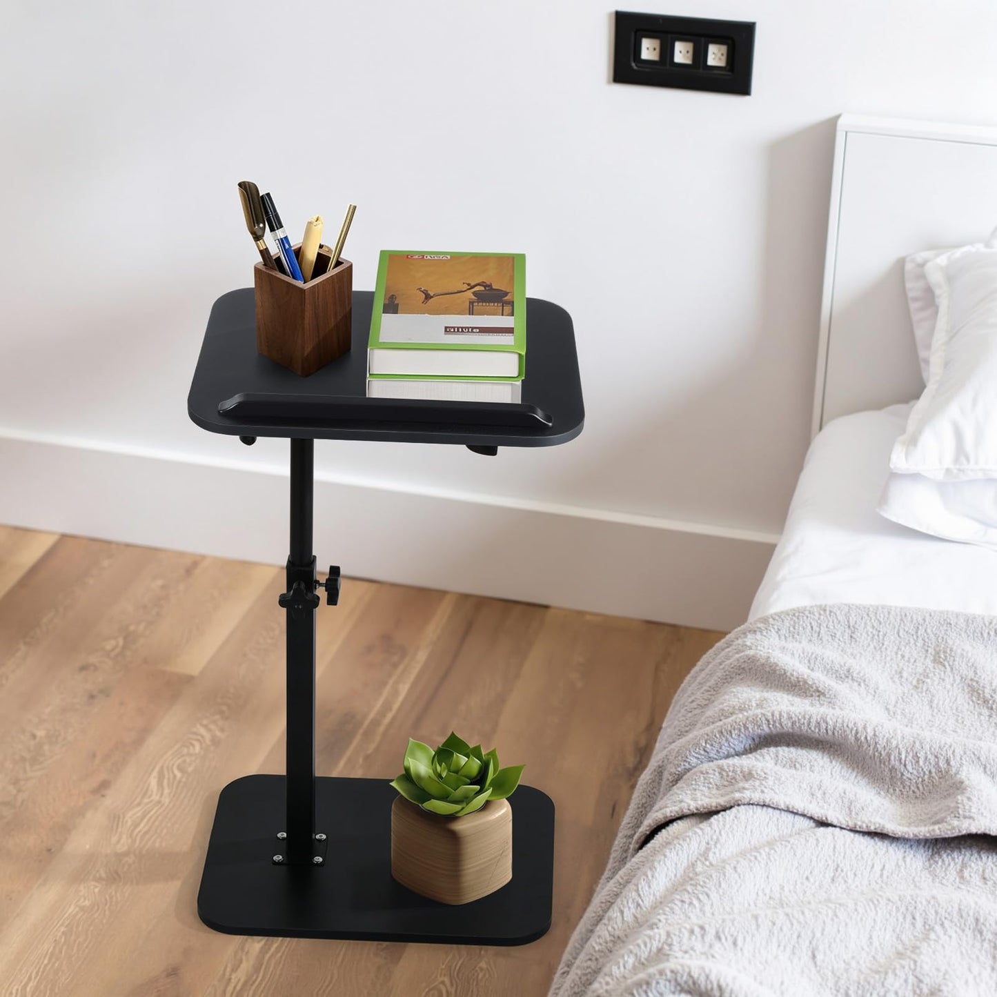 comfoyar C Shaped Side Table Adjustable Height, 360° Swivel 180° Flip Bedside Table with Slat for Sofa Bathtub