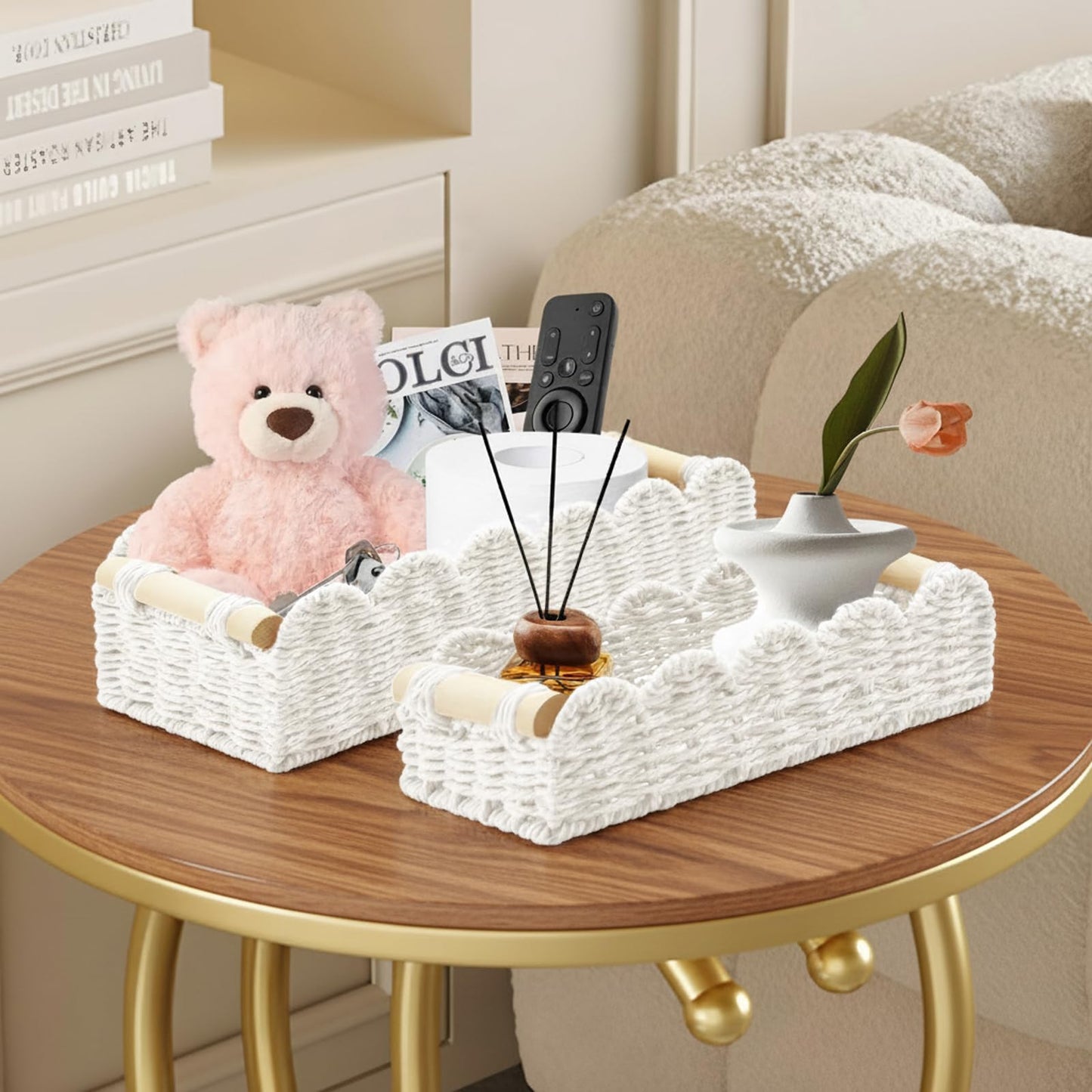 Yiomxhi 2 Pcs Wicker Storage Baskets, Woven Organizer Bins with Wooden Handles, Rope Scalloped Edge Toilet Paper Baskets for Bathroom, Shelf, Kitchen