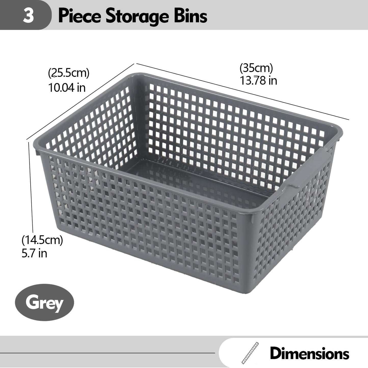 Afromy Set of 3 Plastic Storage Baskets, Rectangular Weave Storage Basket Bin, Grey