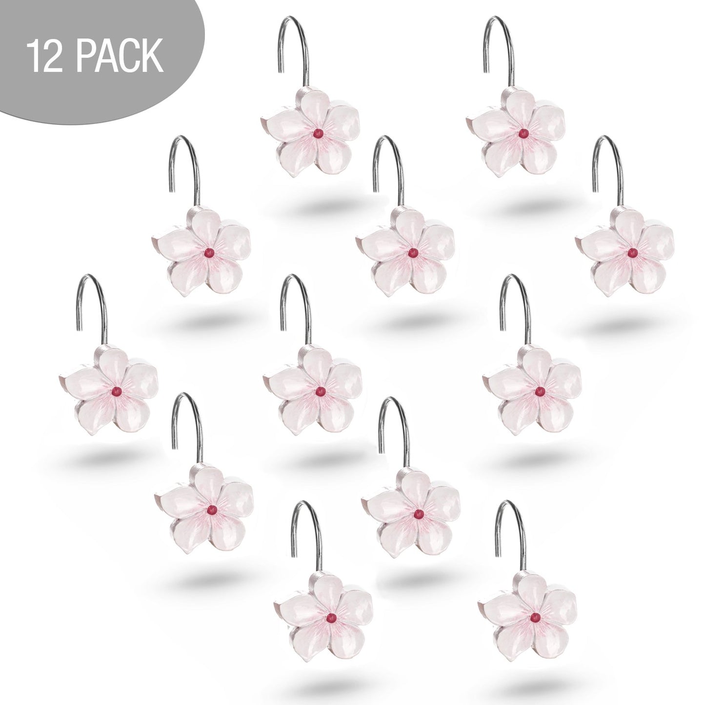 Creative Scents White Shower Curtain Hooks - Set of 12 White & Pink Flower Shower Curtain Hooks - Decorative Shower Curtain Rings for Shower Curtain