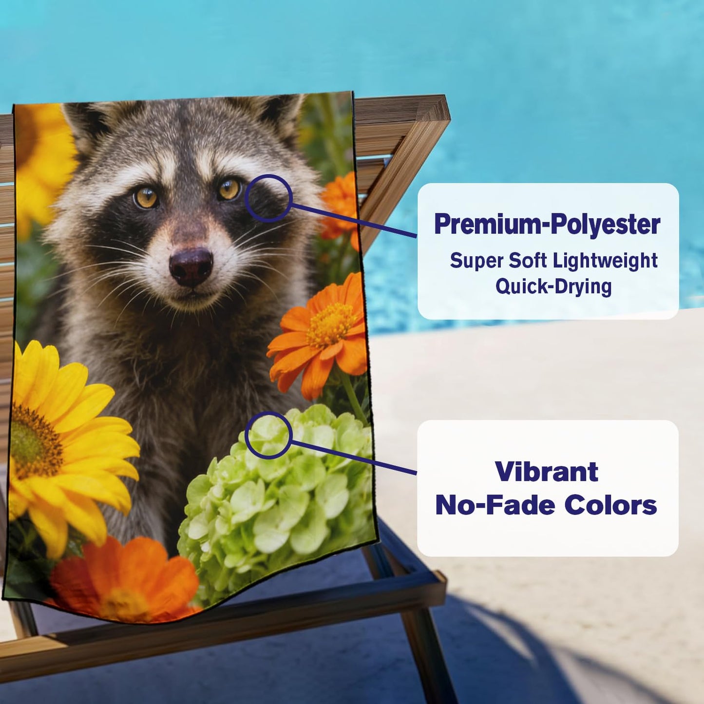 Violetpos Raccoon in Sunflowers & Hydrangeas Beach Towel, Extra Large 180x90 cm 250GSM Microfibre, Sand Free Quick Dry