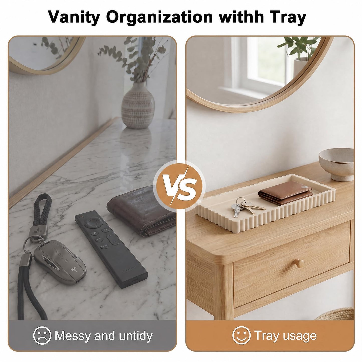 Bathroom Vanity Tray - 24 x 10 cm Silicone Decorative Tray with Scalloped Edge, Countertop Perfume Trays Trinket Dish for Dresser