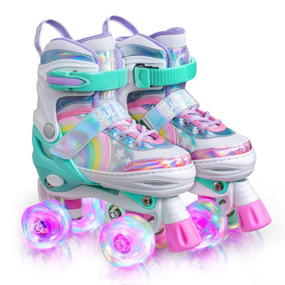 SULIFEEL Rainbow Unicorn 4 Size Adjustable Light up Roller Skates for Girls Boys for Kids - Small 9C-12C UK