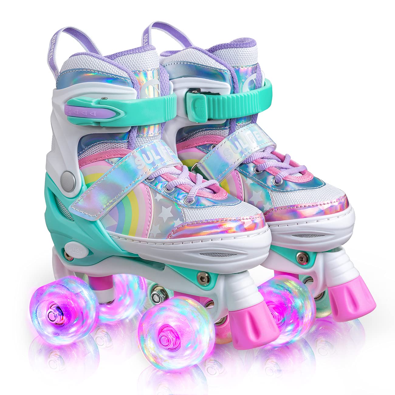 SULIFEEL Rainbow Unicorn 4 Size Adjustable Light up Roller Skates for Girls Boys for Kids - Large 2-5 UK