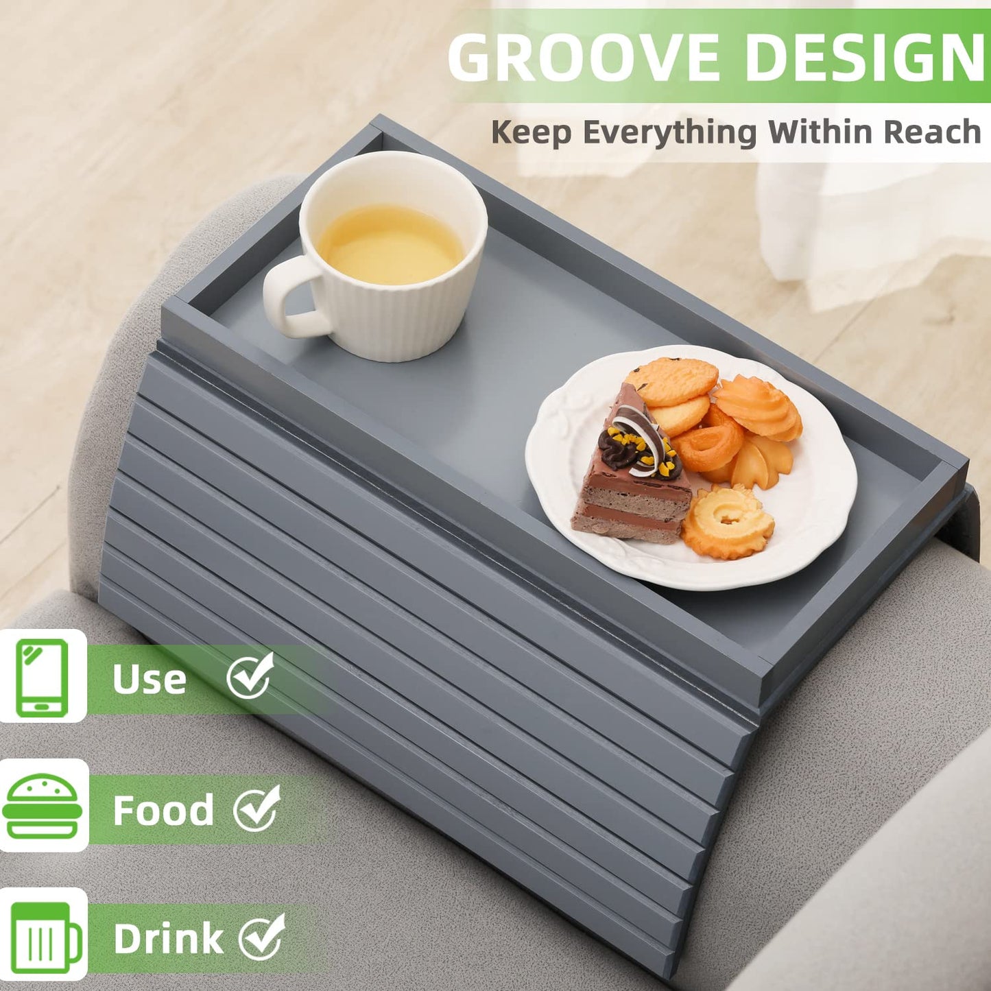 GEHE Bamboo Sofa Arm Tray, Foldable Couch Arm Tray Side Table, Anti-Falling Armrest Tables Cup Holder for Snacks, Drinks, Beers, Phone, Control