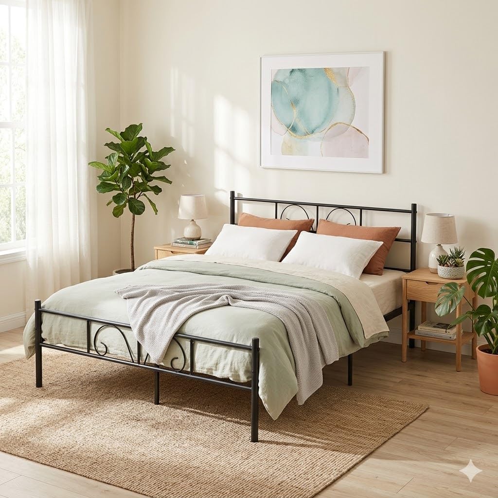 FurnitureR Black Metal Double Bed Frame with Decorative Headboard, Heavy Duty Steel Slats, Noise-Free Support, No Box Spring Needed, Easy Assembly