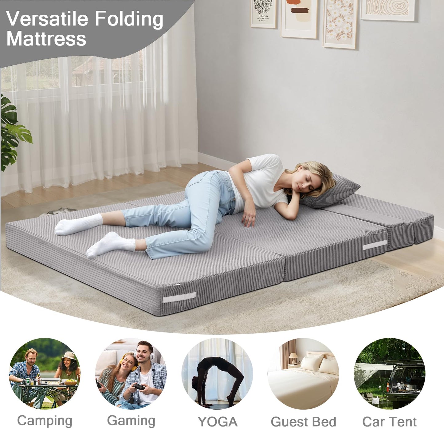 MeMoreCool Folding Mattress Double, Corduroy Fold Out Sofa Bed, Grey