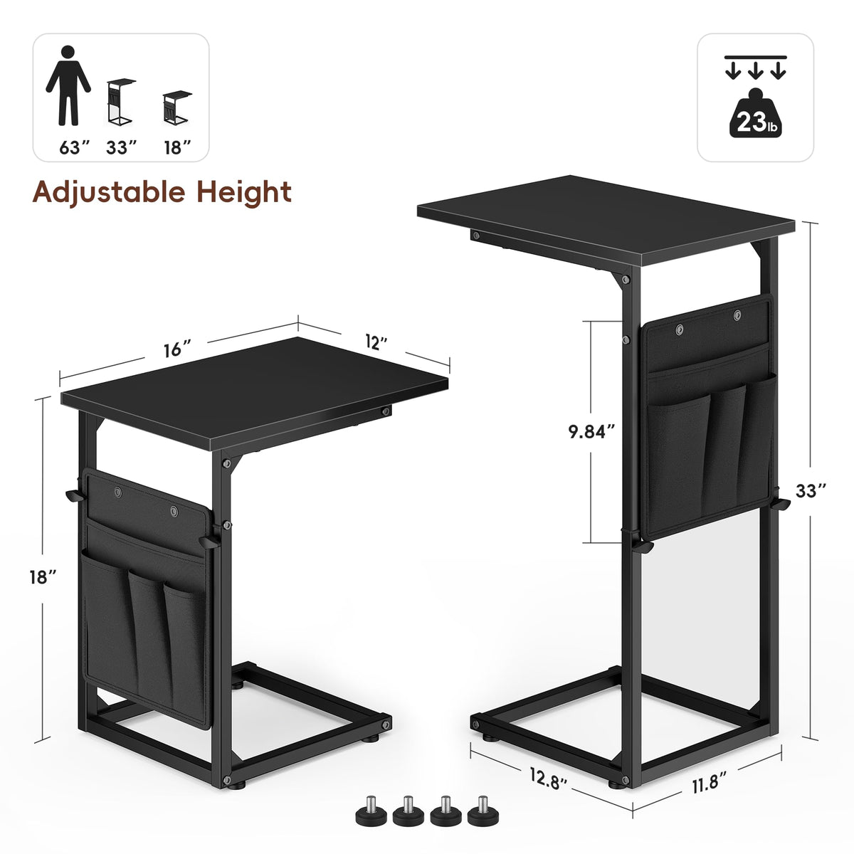 Vagusicc C-Shaped Side Table, Height Adjustable Sofa Side Table, Bedside Table with Cloth Storage Bag, C Tables End Table for Small Spaces