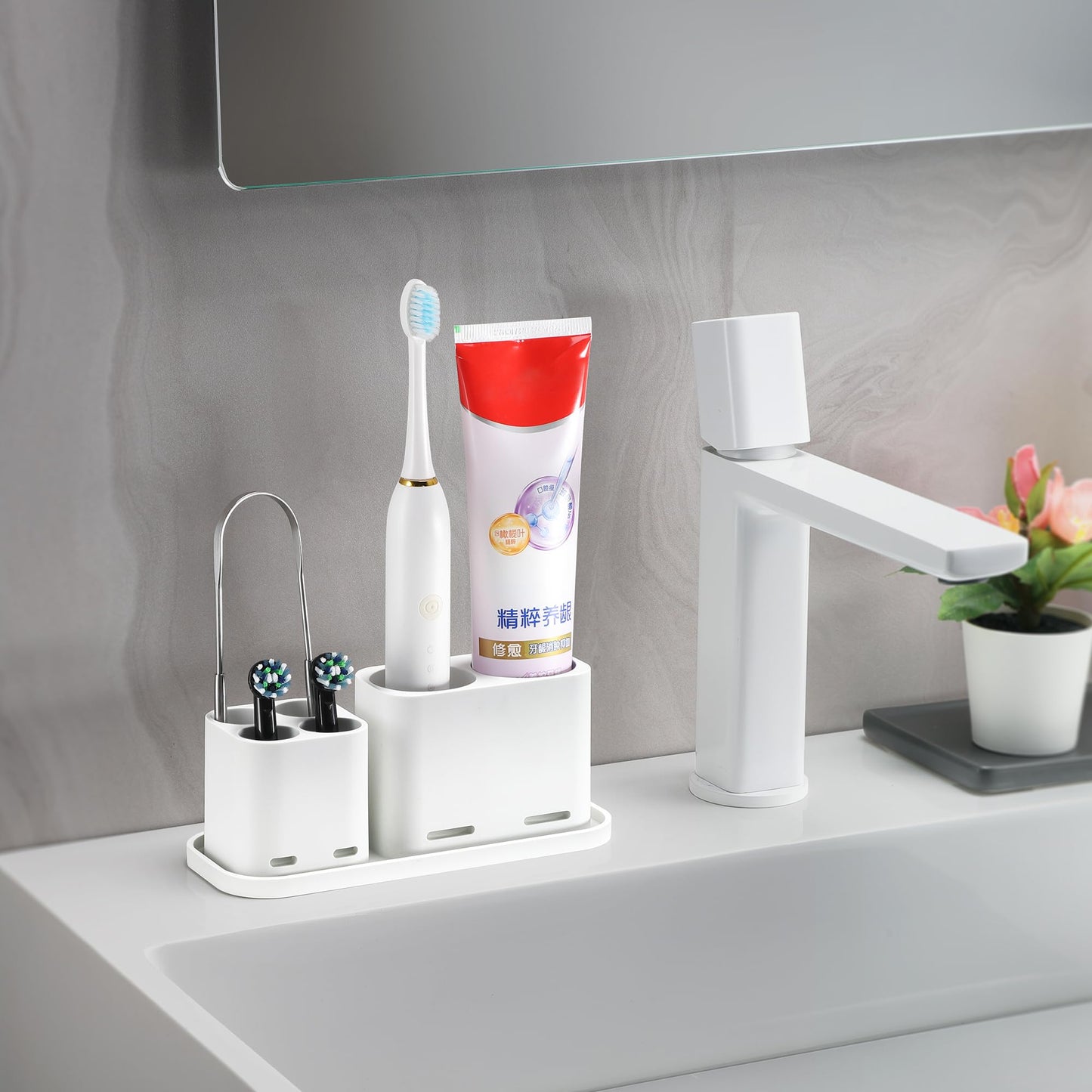 ALOCEO Electric Toothbrush Holder, Bathroom Toothbrush Holder 6 Compartments Multifunctional Toothpaste Caddy Toothbrush Organizer for Electric