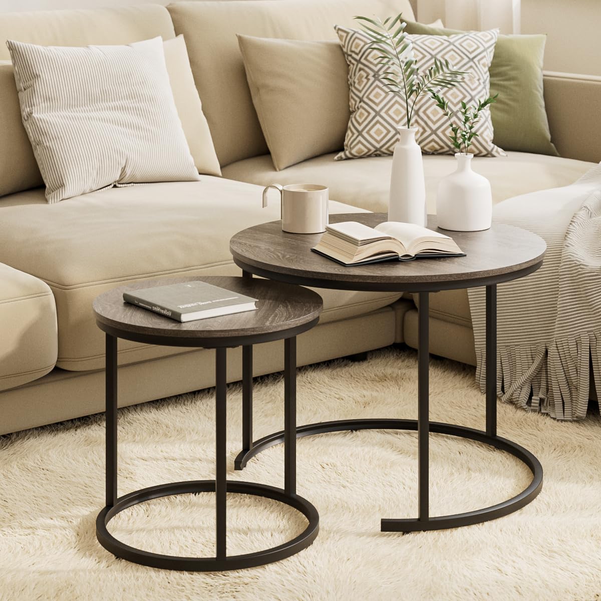 HEYZOEY Round Coffee Tables, Removable Set of 2 End Table, Nesting Tables with Black Metal Frame Legs and Wooden Grey Top for Living Room, Bedroom